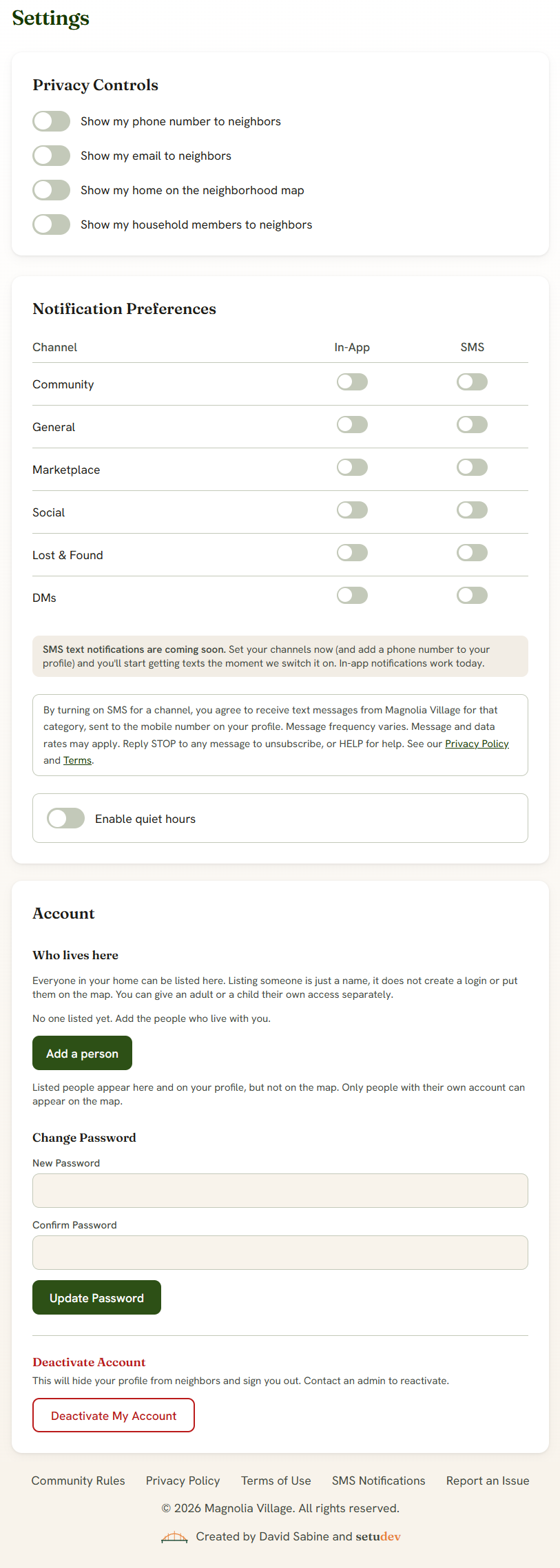 Magnolia Village Settings page showing the SMS opt-in toggle and consent language